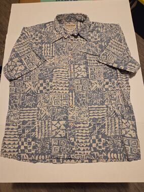 Cooke Street Honolulu Hawaiian Aloha Shirt Blue Beige Tribal Print Men's L